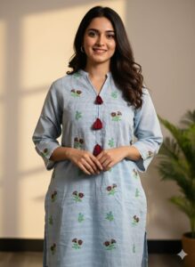 Light Blue 2-Piece Lawn Suit with Red Tassel & Floral Embroidery