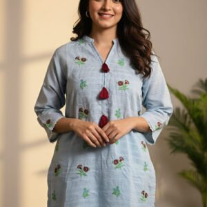 Light Blue 2-Piece Lawn Suit with Red Tassel & Floral Embroidery